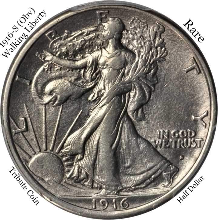 1916-S (Obv) Uncirculated Walking Liberty Half Dollar Tribute Coin