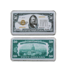 $50, $1, $2, $5, $10, $20, $100 Dollar Bill with Case 999. Silver Plated Copy Bar