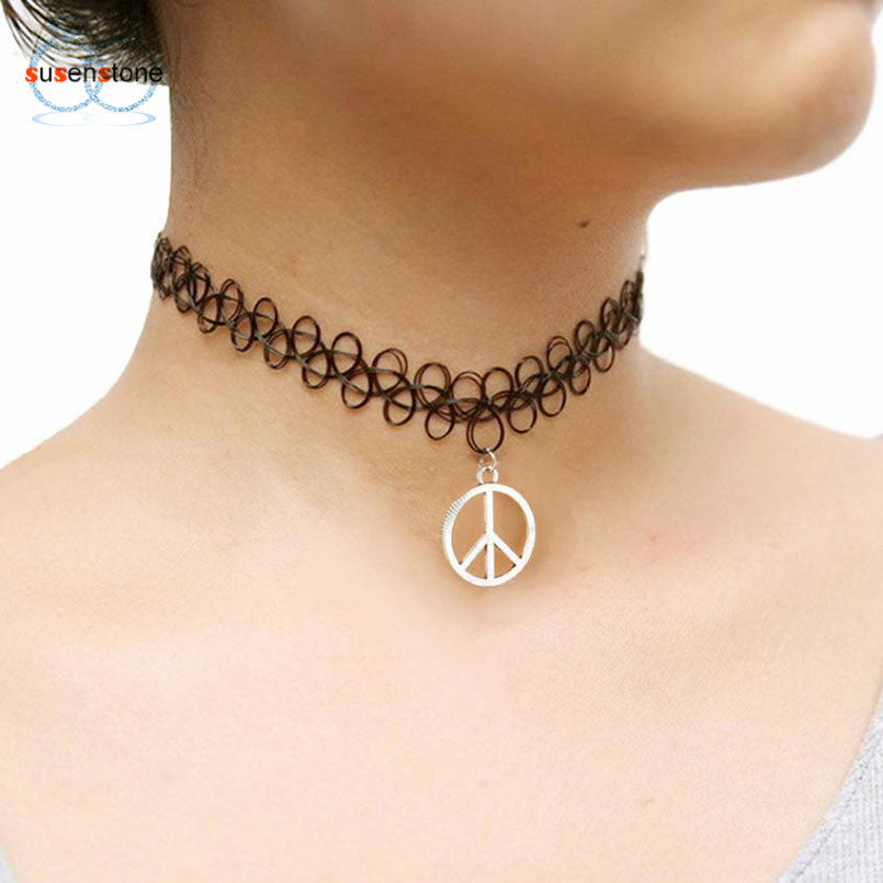 SUSENSTONE Tattoo Peace Choker Necklace