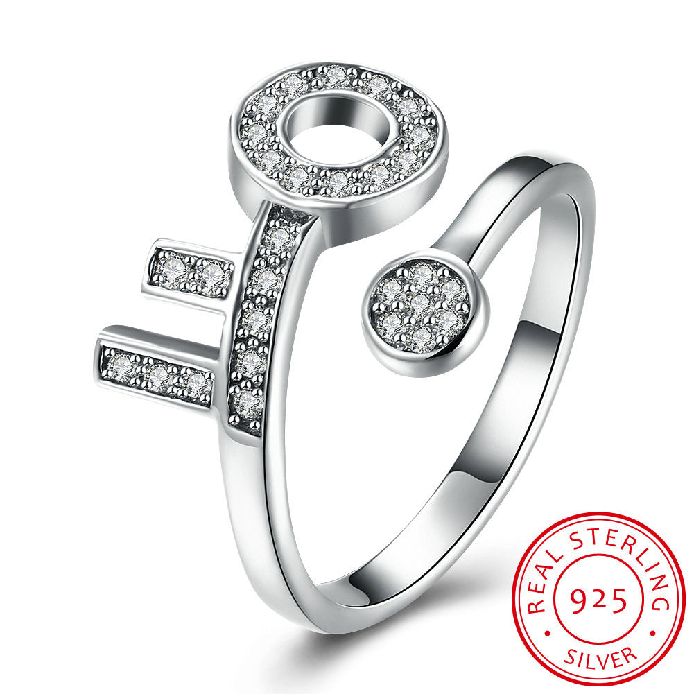 925 Sterling Silver Ring Women's Open ring key diamond ring