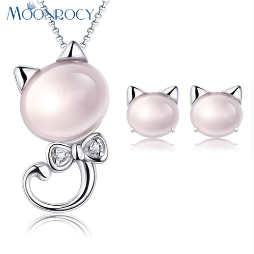 Pink Opal Cat Necklace and Earrings