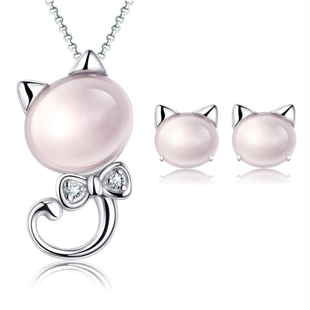 Pink Opal Cat Necklace and Earrings