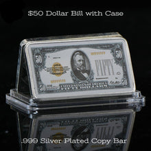 $50, $1, $2, $5, $10, $20, $100 Dollar Bill with Case 999. Silver Plated Copy Bar