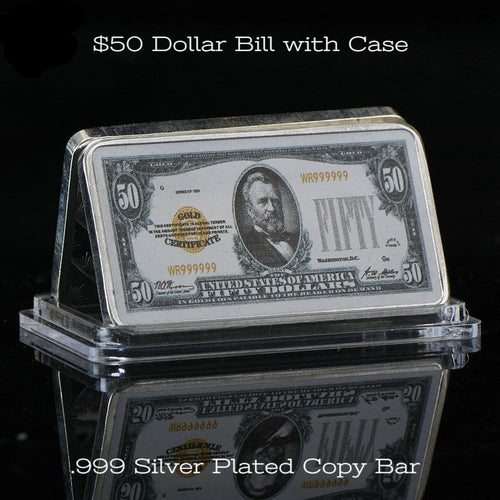 $50, $1, $2, $5, $10, $20, $100 Dollar Bill with Case 999. Silver Plated Copy Bar