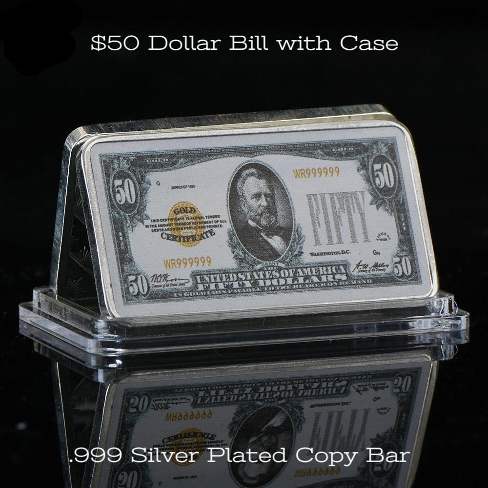 $50, $1, $2, $5, $10, $20, $100 Dollar Bill with Case 999. Silver Plated Copy Bar
