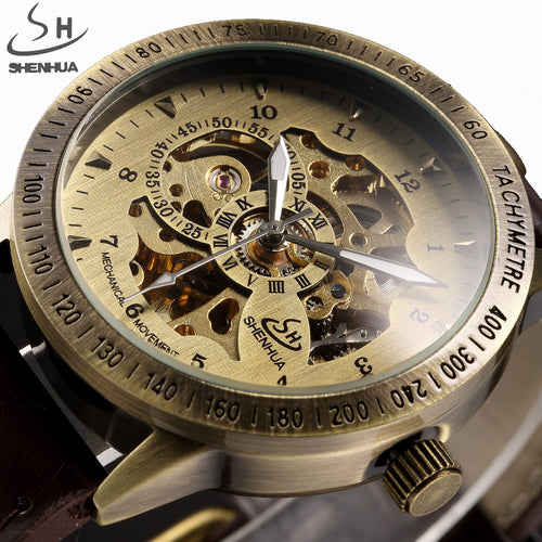 SHENHUA Mechanical Steampunk Watch with Leather Strap