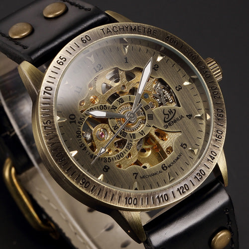 SHENHUA Mechanical Steampunk Watch with Leather Strap